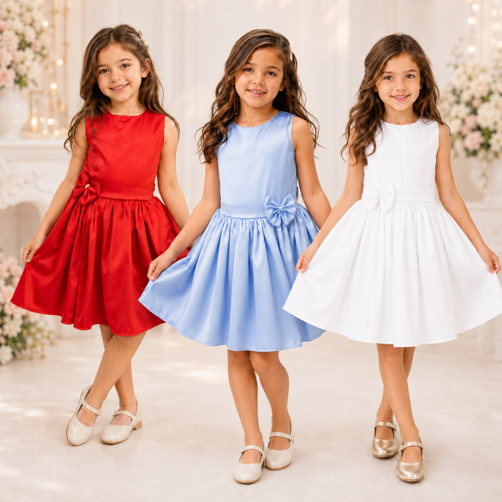 Vestido Infantil Festa Menina Rodado com Laço Removível Casamento Batizado Aniversário