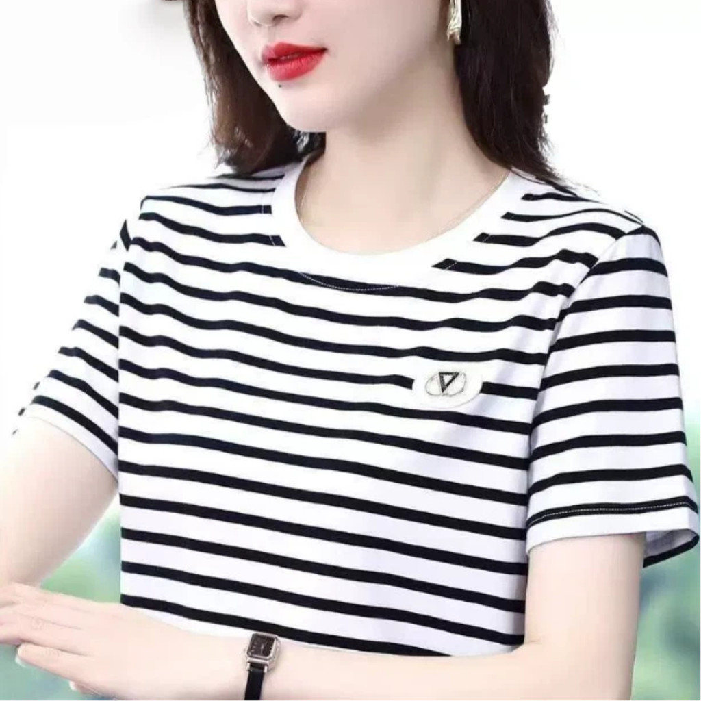 [95 algodão] preto branco listrado camiseta de manga curta feminina verão 2026 novo estilo em torno do pescoço mãe de me