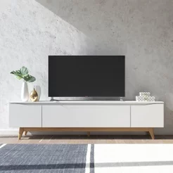 Rack para TV até 75 Polegadas MDF 219,5cm Pés em Madeira Maciça Flynt Off White/Natural Off White/Natural