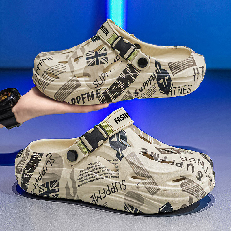 Buraco sapatos masculinos verão exterior wear antiderrapante resistente ao desgaste Toe-coberto chinelos adolescentes ma