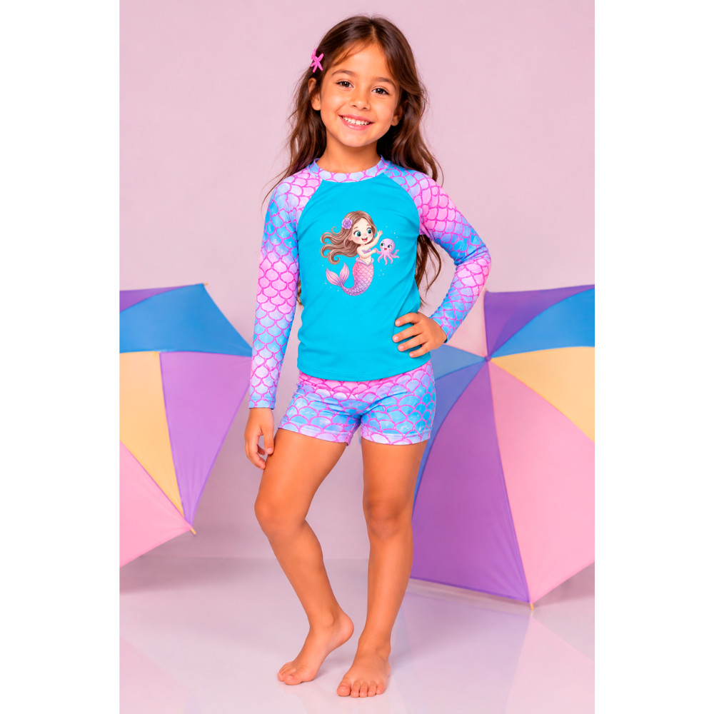 Conjunto Camisa Shortinho Proteção Solar Uv FPU50+ Infantil Menina Sereia Praia Criança Modinha