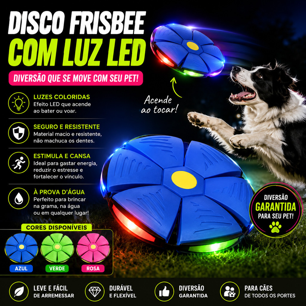Disco Frisbee Voador para Cachorro com Luz LED Brinquedo Interativo Pet Resistente