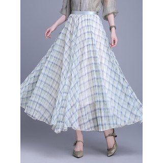 All-Match cintura alta saia longa xadrez primavera verão Drape saia de comprimento médio moda saia plissada gaze saia gr