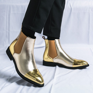 Sapatos de couro de dedo apontado dourado boate masculino Martin botas Chelsea botas boate Bar DJ desempenho sapatos est