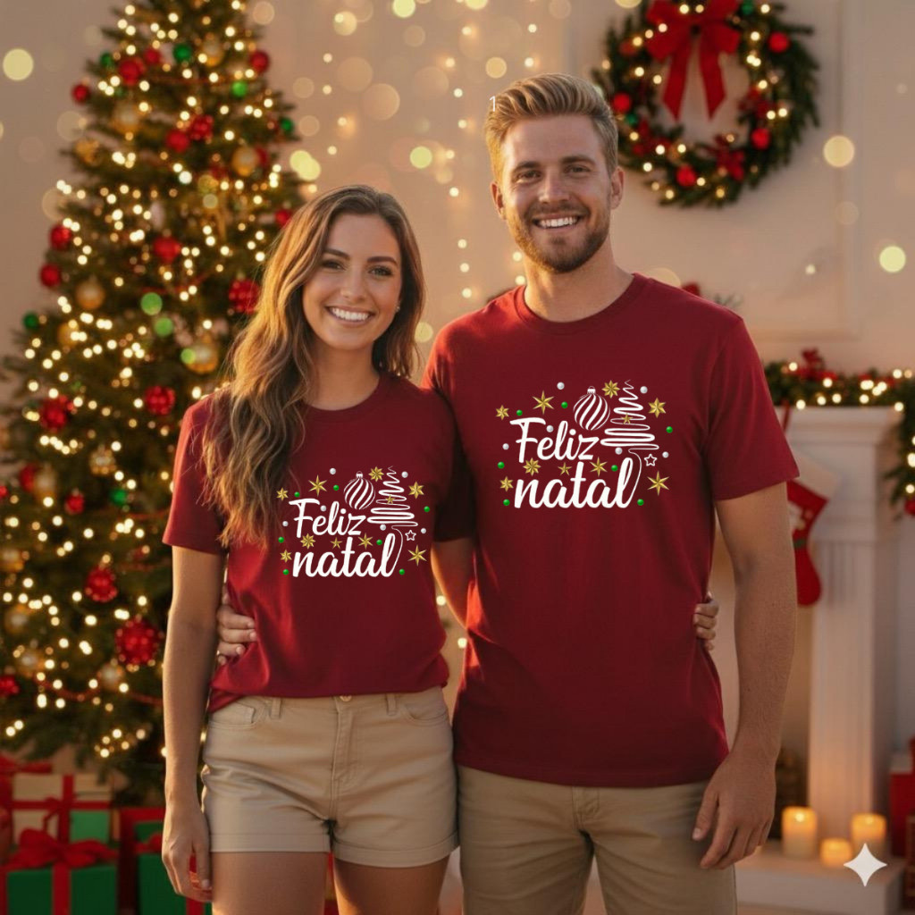 Kit Casal 2 Camisetas Estampadas Feliz Natal Tecido 100% Algodão Premium Envio Imediato