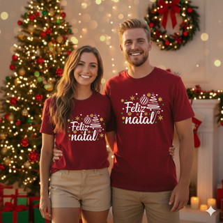 Kit Casal 2 Camisetas Estampadas Feliz Natal Tecido 100% Algodão Premium Envio Imediato