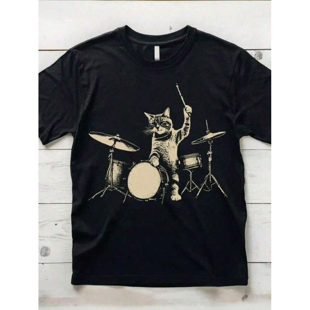 Camiseta Gato Baterista Rock Unissex Masculino Feminino 100% Algodão Top Premium Streetwear Lançamento Envio Imediato