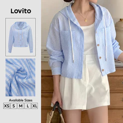 Lovito Jaqueta Casual Listrada Coreana Minimalista Urbana Bolsos e Botões Azul Primavera/Verão Feminina LNE1483161