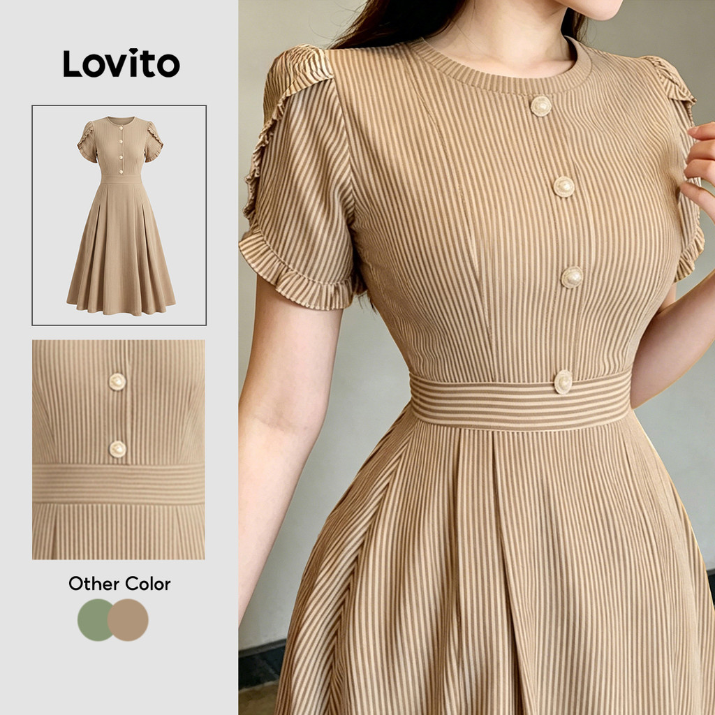 (New Arrival) Lovito Vestido Elegante com Botões e Acabamento de Alface para Mulheres Primavera/verão cáqui DRK8P2D759