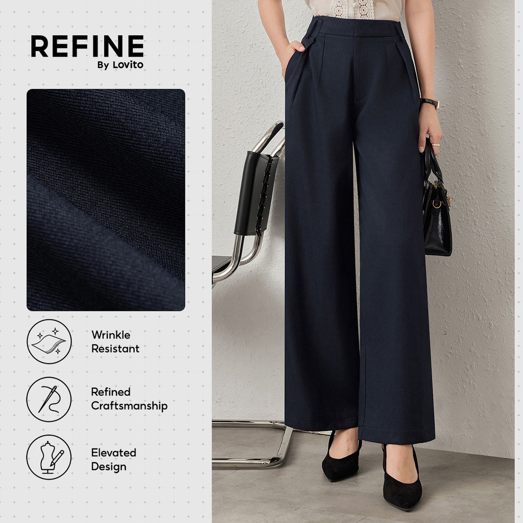 (Refine By Lovito) Calça Alfaiataria Social Antiamarrotada Drapeada Bolso Azul Marinho Trabalho PTR42P1D042