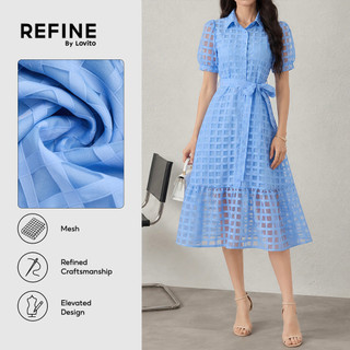 (Refine by Lovito) Babado Elegante Nacional Vestido Feminino de Botões com Cinto para Primavera/verão Azul Trabalho LR13L065
