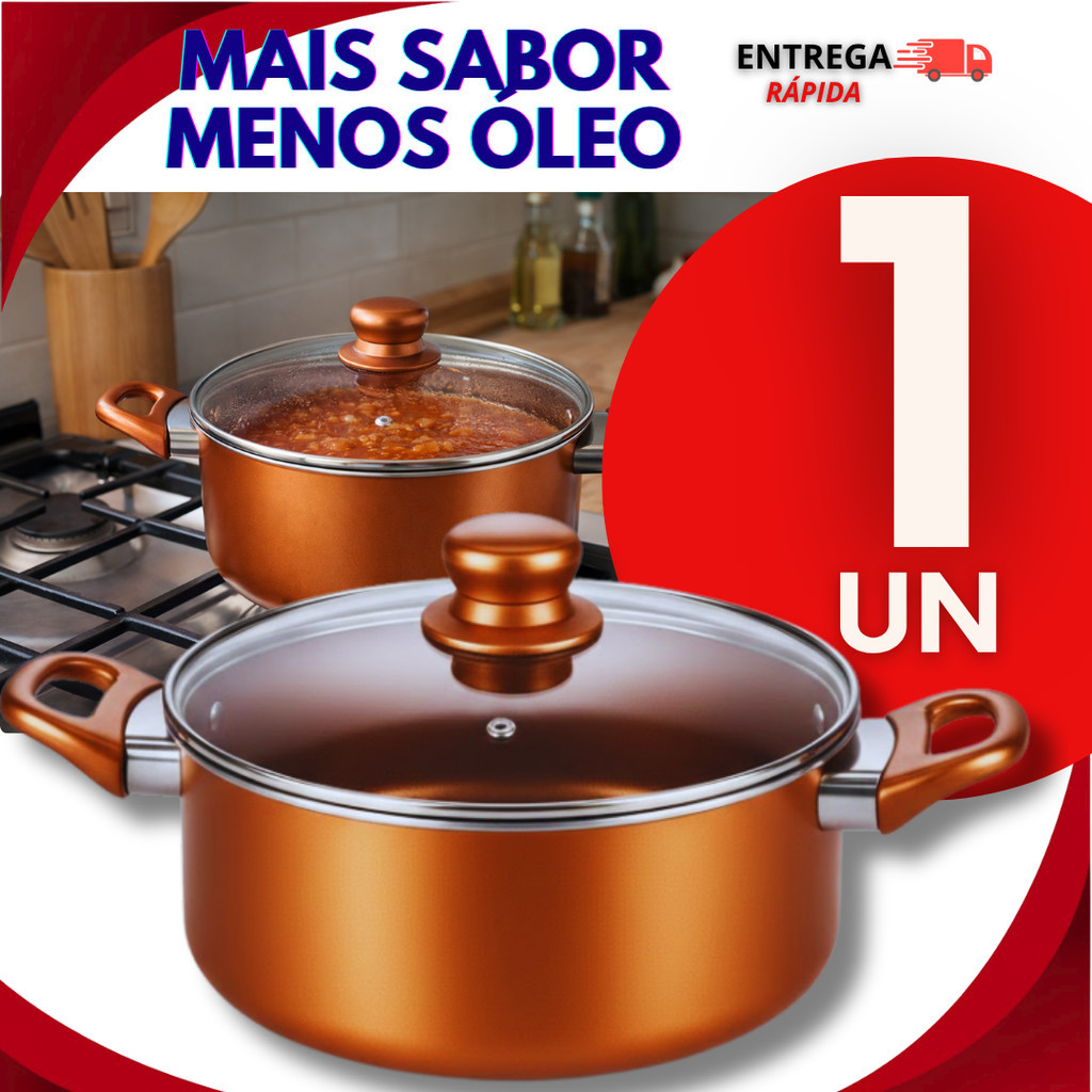 01 Caçarola Estilo Cobre 20 Cm Antiaderente Com Tampa De Vidro Camadas De Teflon Utilidades Panelas