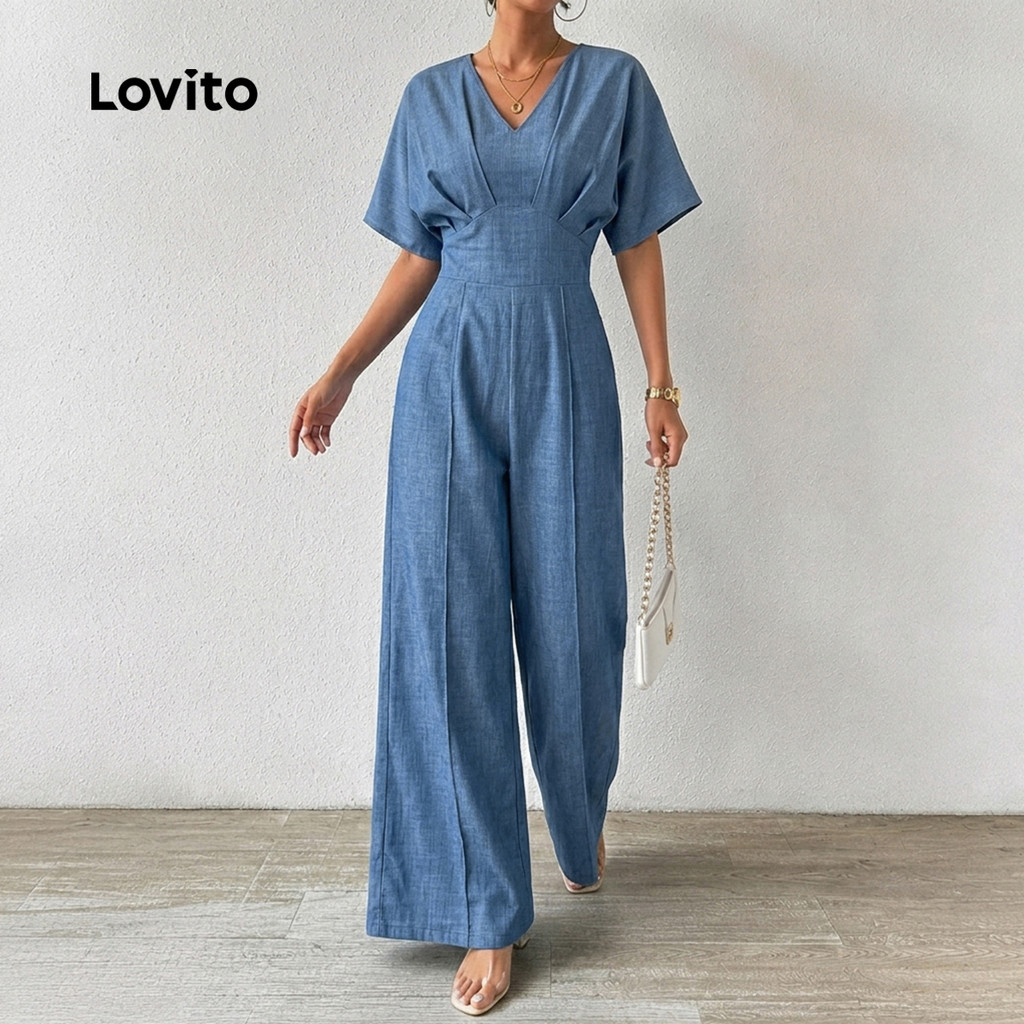 Lovito Macacão Azul Casual De Meio Mangas Pregueado Para Primavera Verão Fim De Semana E Férias Para Mulheres JRK9BR163 · foto 2