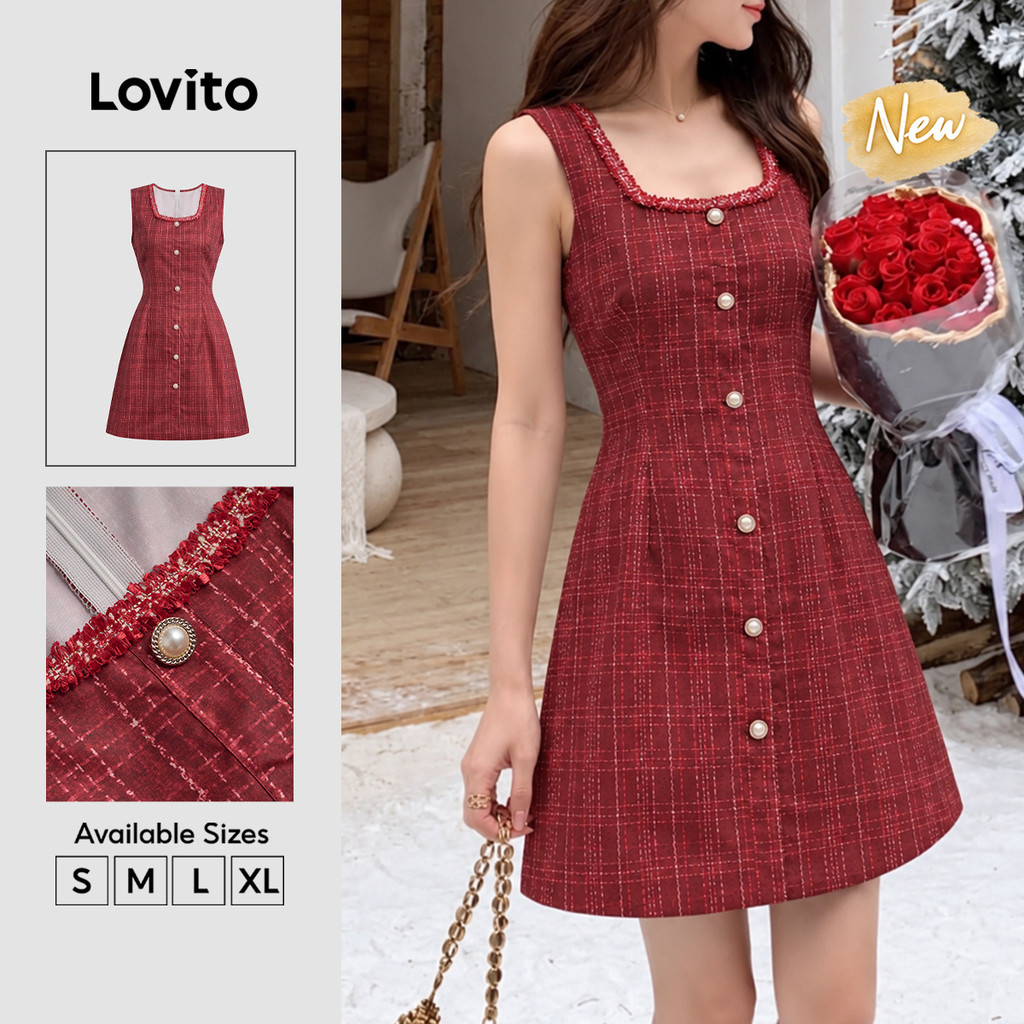 (New Arrival) Lovito Vestido Feminino Curto Xadrez Vichy Com Botões E Modelagem Evasê Na Cor Vermelho-bordô Para Fins De Semana Prolongados DRB39BR056