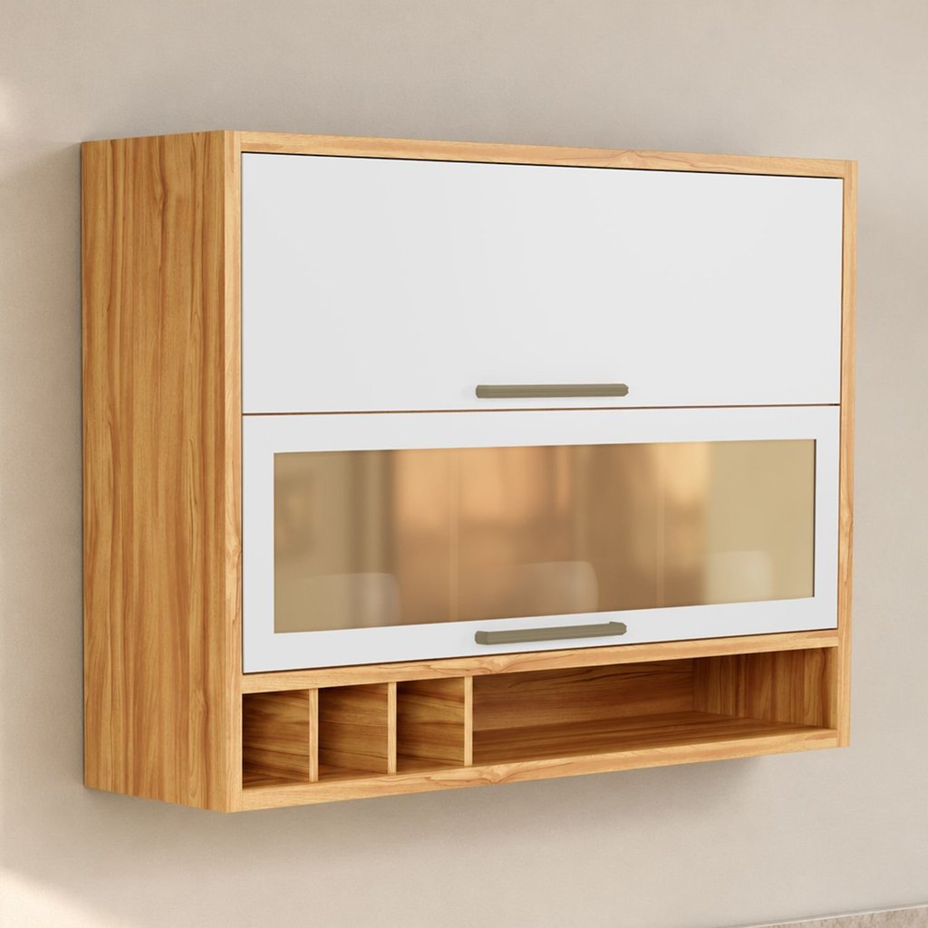 Armário Aéreo de Cozinha 120cm 2 Portas Basculantes Vidro Reflecta 100% MDF Vicenza Espresso Móveis Branco/Amêndoa