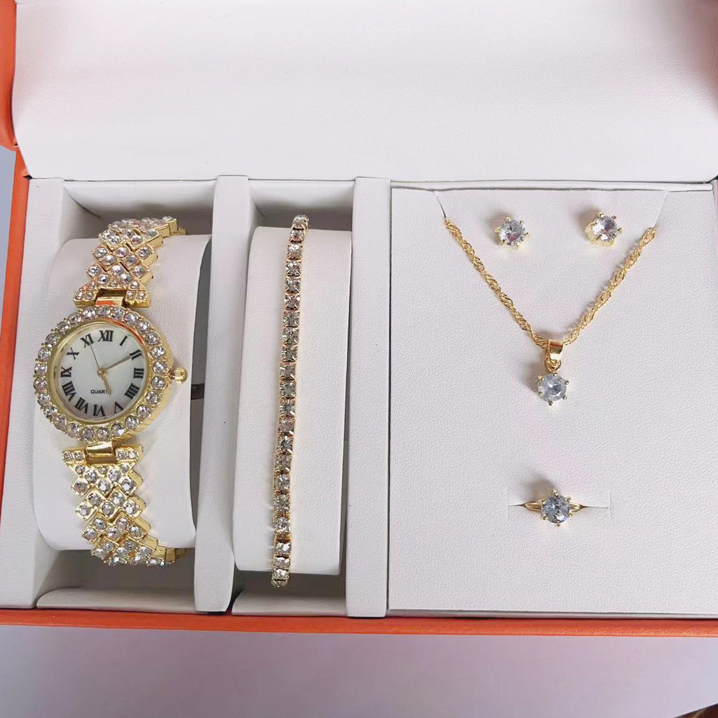 Conjunto de relógio com pulseira de diamante completo para mulheres relógio de quartzo requintado conjunto de cinco peça