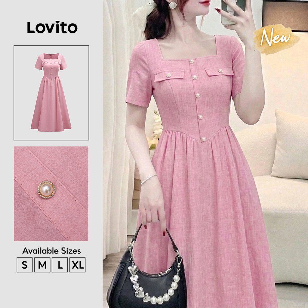 (New Arrival) Lovito Women 'S Casual Pink Long Flared Dress Metal Buckle Faux Pockets Spring/summer Holiday Workwear DRB39BR034
