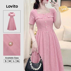 Lovito Vestido Feminino Rosa Casual Barra Longa Flare Fivela Metálica e Bolsos Falsos Primavera Verão Férias e Traje de Trabalho DRB39BR034