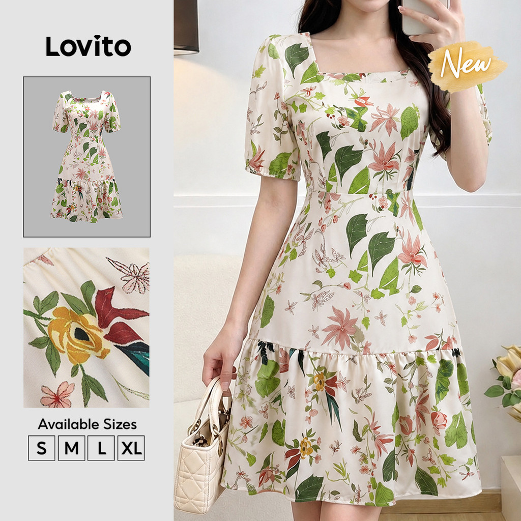 (New Arrival) Lovito Vestido Floral Feminino Casual Babados zíper até Joelho primavera/verão férias/fim De Semana DRB39BR072