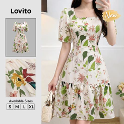 (New Arrival) Lovito Vestido Floral Feminino Casual Babados zíper até Joelho primavera/verão férias/fim De Semana DRB39BR072