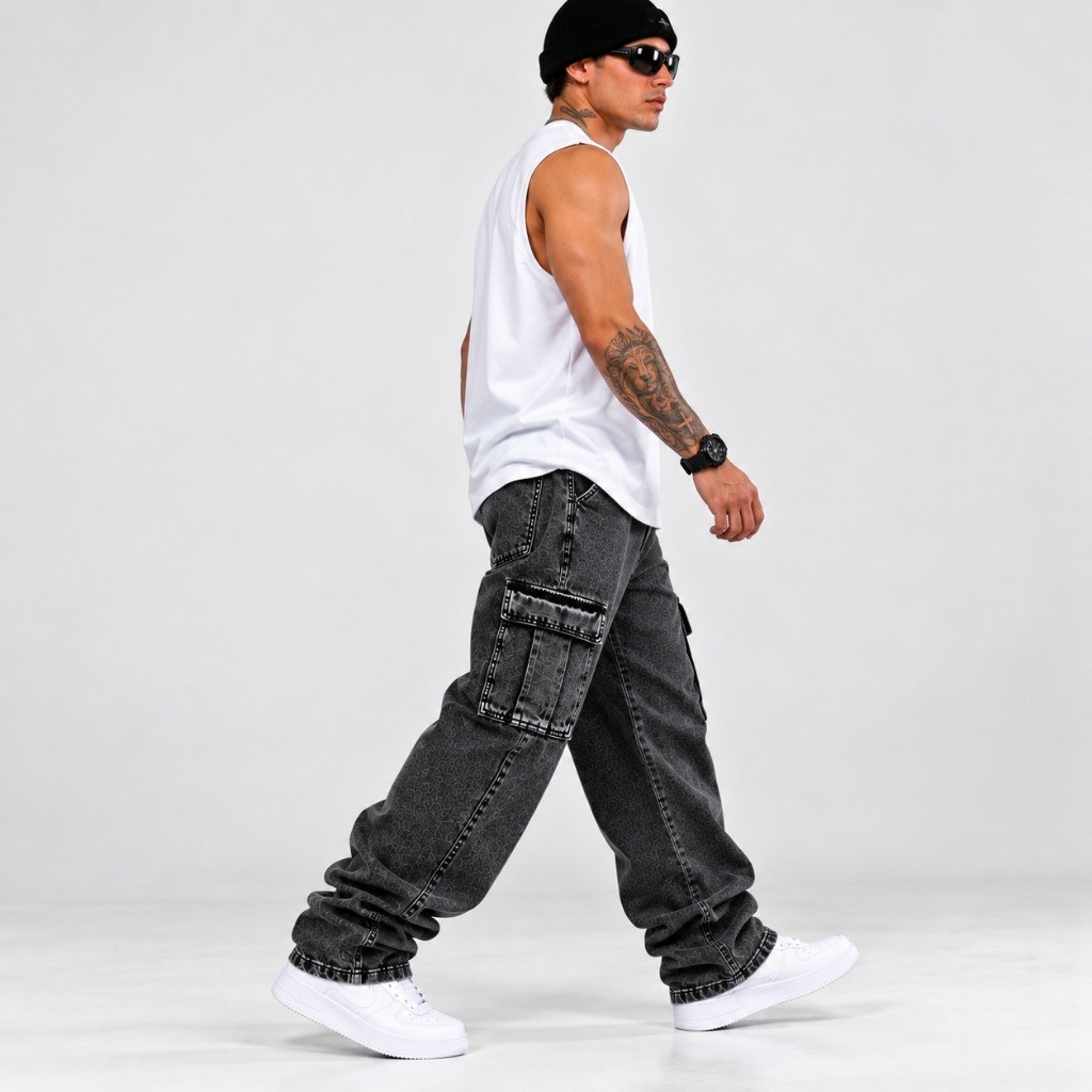 Calça Cargo Masculina Jeans Larga Baggy Boca Larga Streetwear Skatista Estonada — imagem 2 de 2