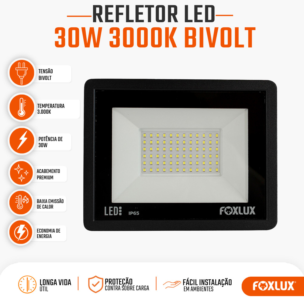Refletor LED 30W Foxlux 3000K Branco Quente IP65 Bivolt