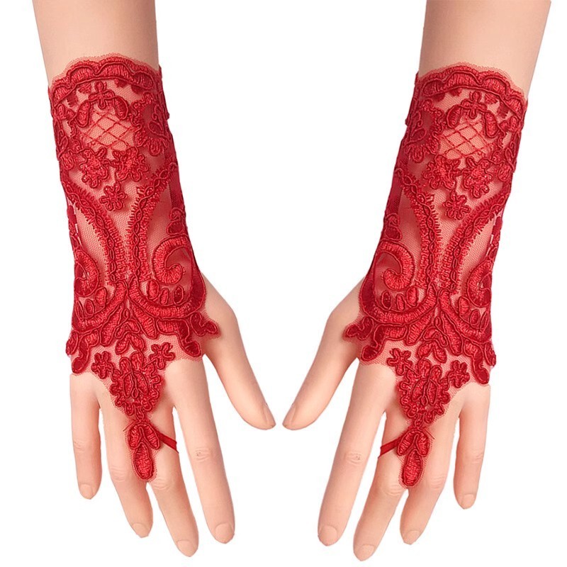 Luvas vermelhas de renda de noiva, casamento, celebração de casamento, gancho de casamento, dedo curto, renda, bordado, 