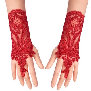 Luvas vermelhas de renda de noiva, casamento, celebração de casamento, gancho de casamento, dedo curto, renda, bordado, 