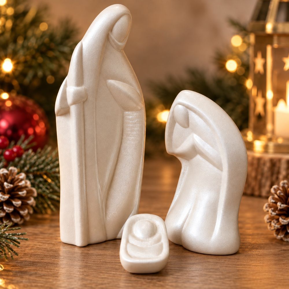 Enfeite de Natal Sagrada Família em Cerâmica Pérola