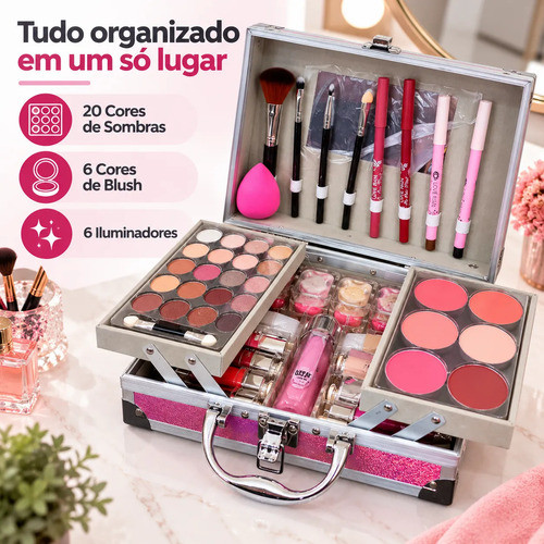 Maleta de Maquiagem Completa Rosa com 49 Itens Kit Premium Sombras Blush Batom Pincéis — imagem 2 de 2