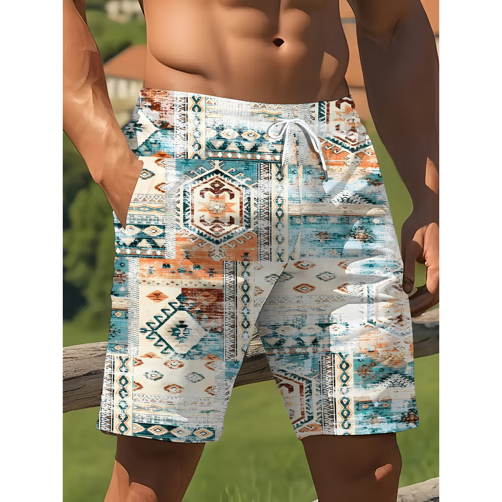 Shorts masculinos casuais elegantes com impressão Digital de secagem rápida, cor de fundo bege combinando com padrões ge