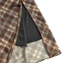 (Casual) Lovito Saias Formais Xadrez Saias Divididas De Camada Dupla Para Mulheres L58AD073 (Multicolorido)