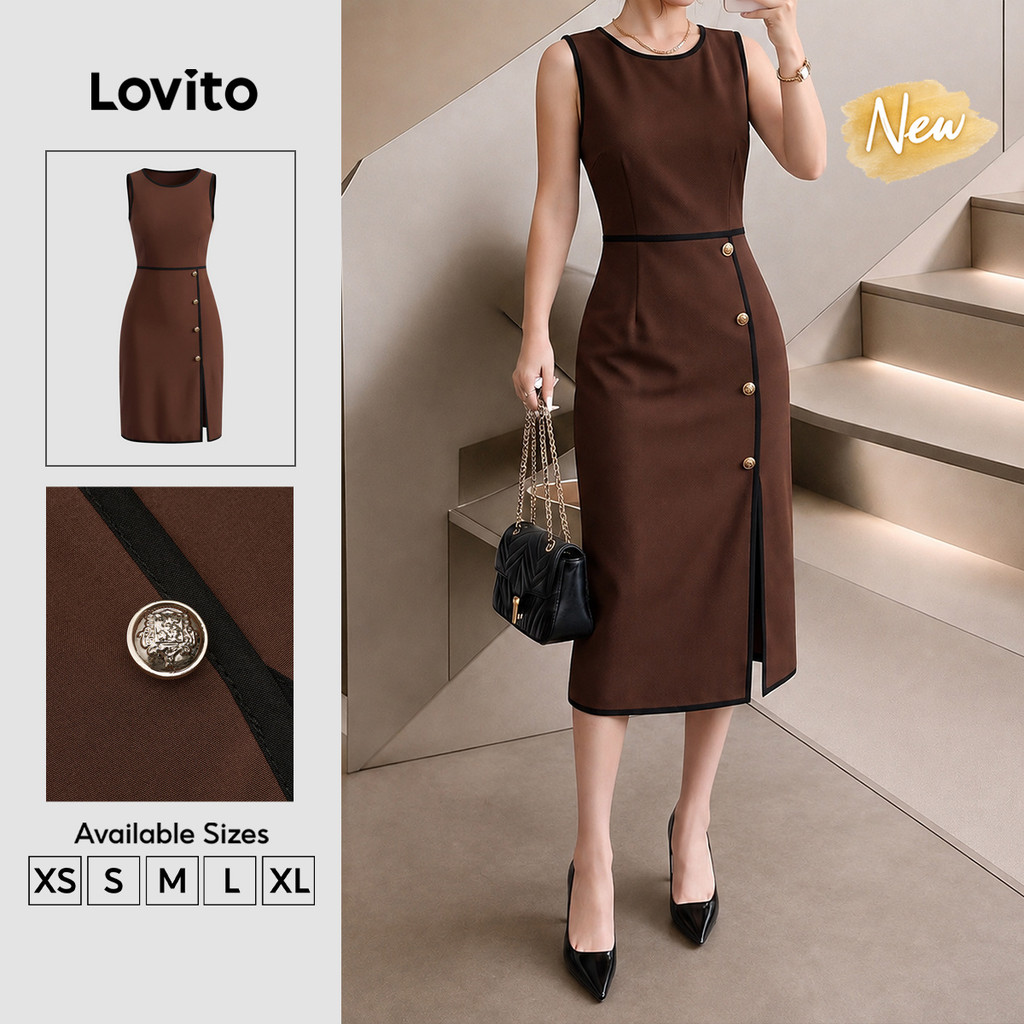 (New Arrival) Lovito Vestido Marrom Feminino Para Trabalho Linha a até O Joelho botões Fenda E Acabamento Contrastante DRB204P1D316