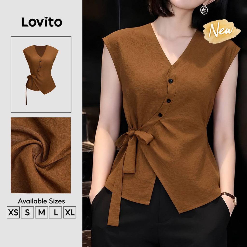 (New Arrival) Lovito Blusa Marrom Feminina Para Trabalho Manga Curta Gola V assimétrica Plissada primavera/verão BLK10P1D1167