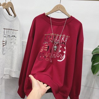 Olhos grandes [roupas femininas japonesas coreanas de tamanho único] camiseta de manga comprida-7 cores bordado de desen