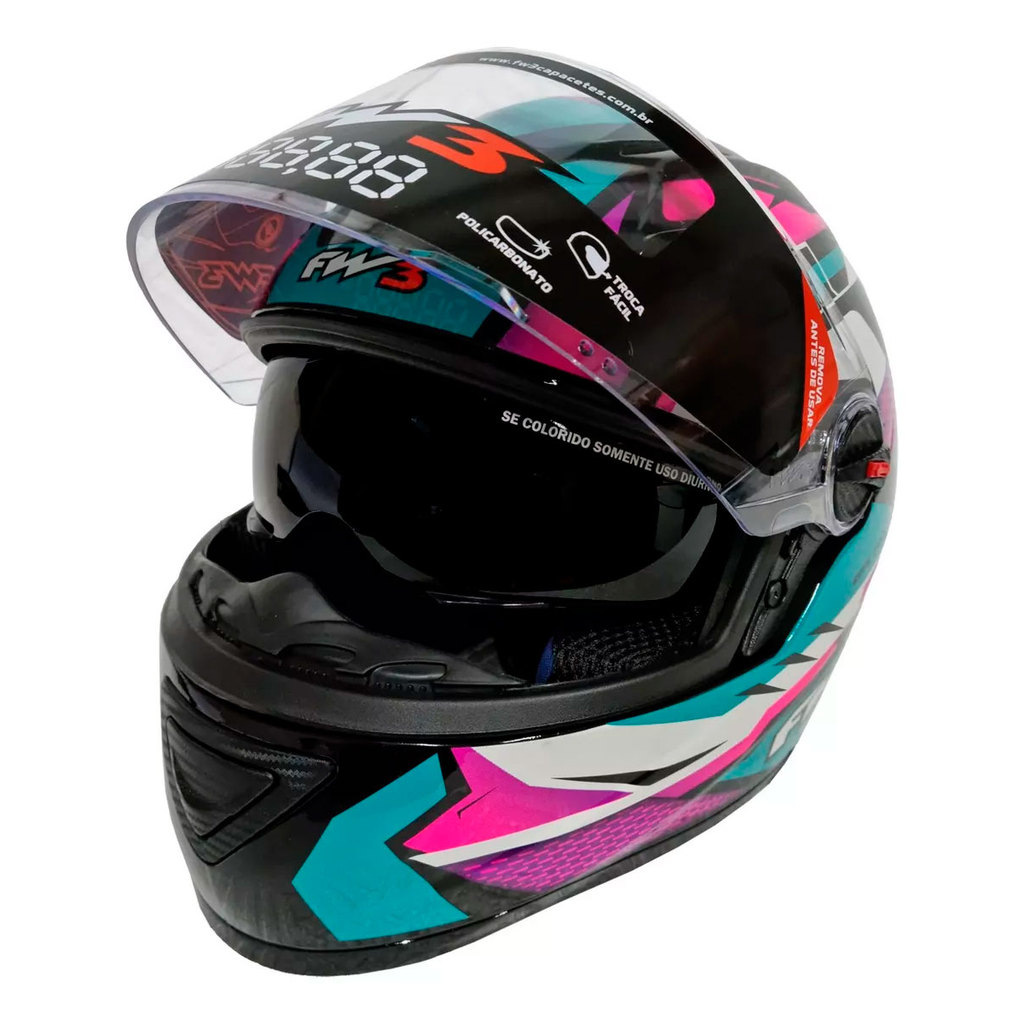 Capacete Moto Fechado GTX FOX Azul Tifanny com Oculos Interno Viseira Cristal e Narigueira Alta Tamanho 60 FW3