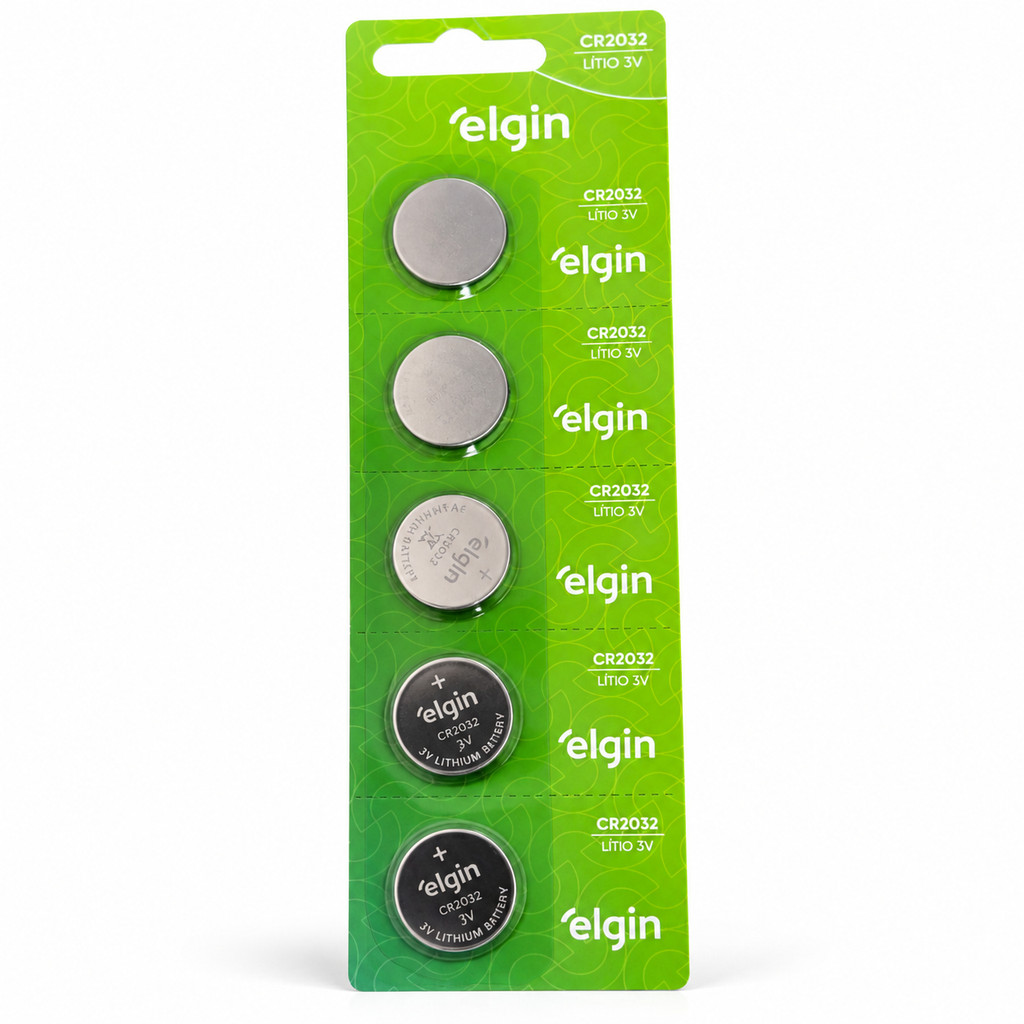Bateria Pilha CR2032 Elgin 3V Lítio Cartela 5 Unidades