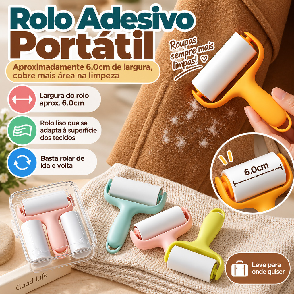 Rolo Tira Pelos Adesivo Portátil com 3 Refis de Alta Aderência para Roupas Sofá Tecidos Fiapos e Pelos de Pets