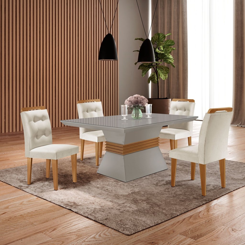 Conjunto Sala de Jantar Mesa Clarice 120x80cm Tampo Vidro/MDF Canto Reto com 4 Cadeiras Valentina Branco/Veludo