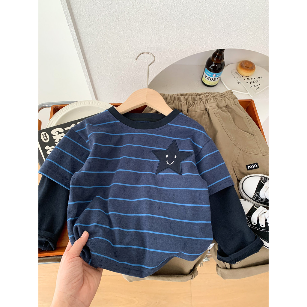 Meninos puro algodão manga comprida camiseta 2026 novo estilo crianças primavera outono roupas listrado em torno do pesc