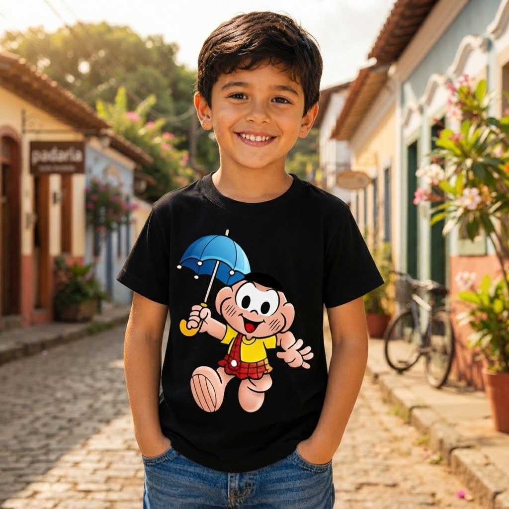 Camiseta Infantil Personagem Guarda Chuva Amarelo Vermelho Algodao Confortavel Blusa Juvenil Preta