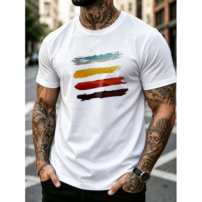 Camiseta Masculina Manga Curta Estampada Listras Coloridas Moderna Confortável Estilosa Premium Casual Moda Tendência