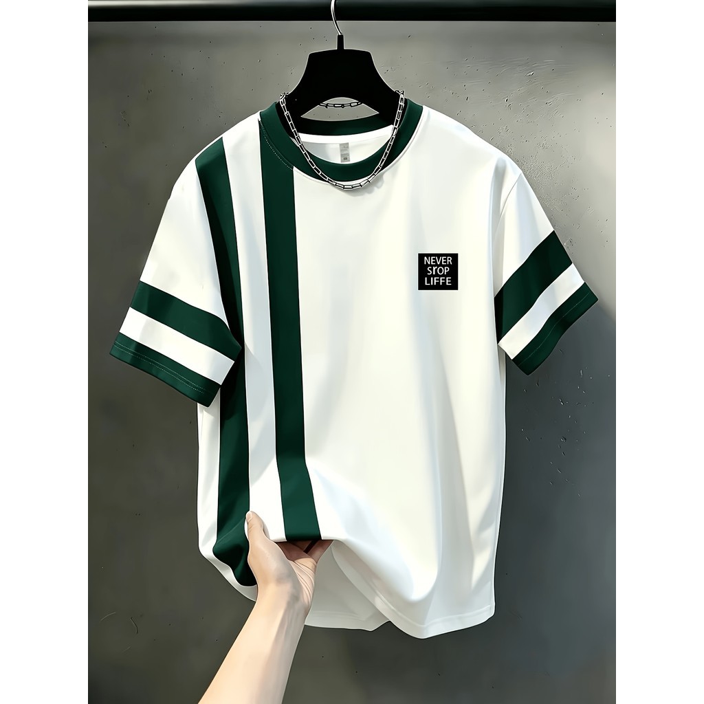 Camiseta masculina casual com gola redonda, padrão de elemento de listras irregulares, top moderno drapeado, versão Regu