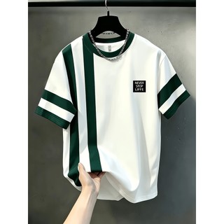 Camiseta masculina casual com gola redonda, padrão de elemento de listras irregulares, top moderno drapeado, versão Regu