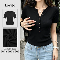 Lovito Camiseta Elegante com Botão Simples Clássica e Versátil Camiseta Preta de Primavera/verão para mulheres TSB202P2D587