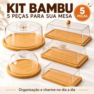 Boleira Queijeira Porta Frios Porta Pão Manteigueira Bambu com Tampas Transparente Mesa Posta Café da Manhã Para Cozinha