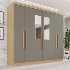 Guarda-Roupa Casal com Espelho 6 Portas 2 Gavetas França Espresso Móveis Cinza/Jequitibá/Granizo Jequitibá/Granizo