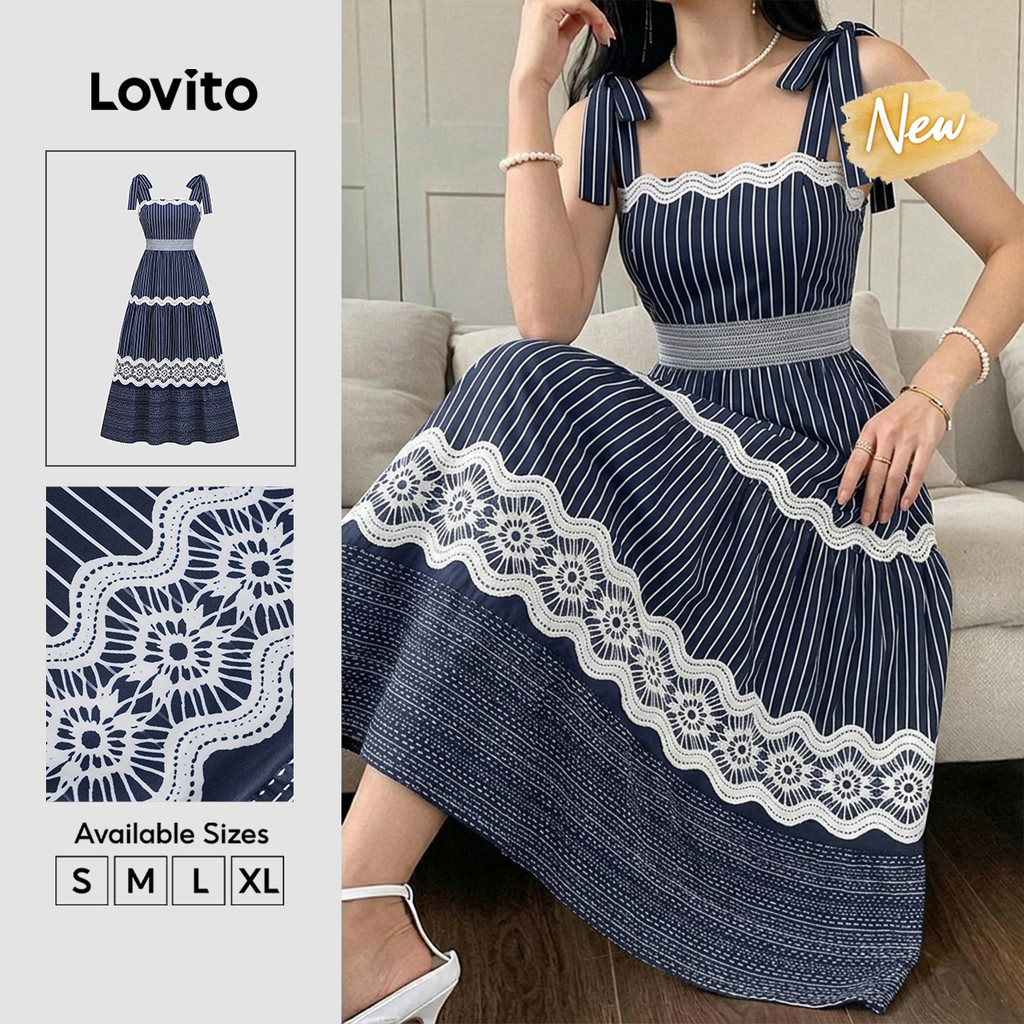 (New Arrival) Lovito Vestido Feminino Azul Escuro Casual Às Riscas Comprido Com Folhos E Camadas Escalonadas Para a Primavera/verão Férias E Fins De Semana DRB40BR035