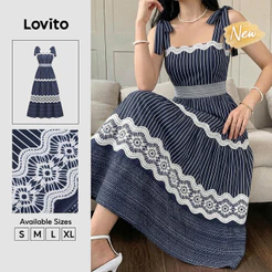 (New Arrival) Lovito Vestido Feminino Azul Escuro Casual Às Riscas Comprido Com Folhos E Camadas Escalonadas Para a Primavera/verão Férias E Fins De Semana DRB40BR035