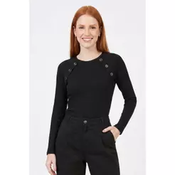 Blusa Feminina Canelada Botões Marialícia Preto